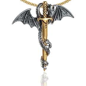Hip Hop Stainless Steel Wings Dragon Tag Pendant 20" Plated 18K Gold Square Box Chain Necklace