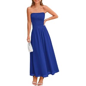 PRETTYGARDEN Women's Strapless Wedding Guest Dresses 2025 Summer Trendy Elegant Smocked Tube Top Maxi Long Flowy Sundress