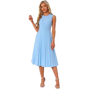 Allegra K Women's Sleeveless Pleated Ruffle Hem Crew Neck Tank Knitted Elegant Midi Dress