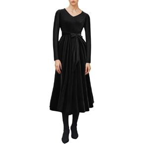 ODOLDI Women's 1950s Retro Vintage Dress Velvet Long Sleeve V Neck Belted Swing Dress Cocktail Dress