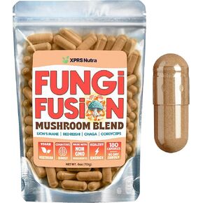 XPRS Nutra Fungi Fusion Mushroom Blend Capsules - 180 Count (90 Day Supply) Premium Blend of Lion's Mane, Reishi, Chaga, Cordyceps Capsules to Support Mental Clarity, Cognition, Energy and Immunity