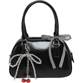 QWINEE Women's Y2K Cherry Pearl Crossbody Bags Cute Bow Clutch Purse Square Bag Top Handle Faux PU Leather Handbags