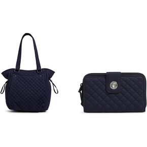 Vera Bradley Glenna Satchel Purse, Classic Navy-Recycled Cotton Turnlock Wallet with RFID Protection, Classic Navy-Recycled Cotton