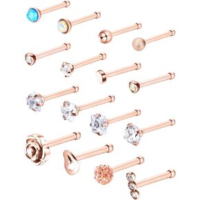JOVITEC 16 Pieces Nose Stud for Women 20 g Nose Ring Set Bone Nose Studs Surgical Stainless Steel Cartilage Tragus Piercing Rose Gold Ball Sapphire Labret Jewelry