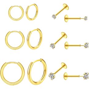 20G Nose Stud Flat Back Studs Earrings Surgical Steel Cartilage Tragus Labret Lip Piercing Jewelry 14K Gold Push Pin Threadless Earring Ring for Women