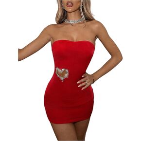 WDIRARA Women's Rhinestone Heart Cut Out Bodycon Dress Sweetheart Neck Sleeveless Mini Tube Dresses