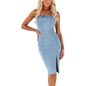 utcoco Denim Dress for Women Strapless Sleeveless Side Slit Sexy Skinny Bodycon Midi Jean Tube Dresses for Women