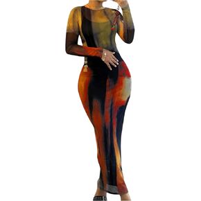 GORGLITTER Women's Tie Dye Mesh Bodycon Dress Long Sleeve Mock Neck Maxi Dresses in Saudi Arabia