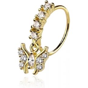 Pierced Owl 20GA 316L Stainless Steel CZ Crystal Lined Hoop with Dangling Butterfly Charm Bendable Nose Ring