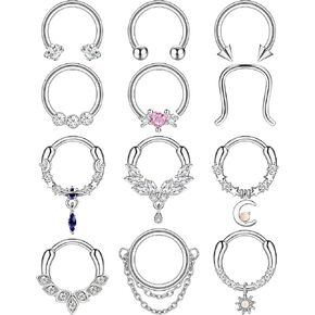 FINREZIO 12Pcs 16G Septum Rings for Women Surgical Steel Dangle Nose Rings Hoops Helix Daith Septum Nose Piercing Jewelry 8-10MM