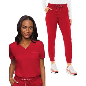 Med Couture Women's Scrub Set with V- Neck Scrub Top MC7448 and 2-Way Stretch Pants 7710, Red - L Top/L Petite Pant