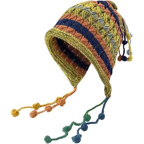 Crochet Beanie Hat for Women Knitted Slouchy Beanie with Cute Pom Pom Tassels Wide Brim Trendy Rainbow Striped Cap