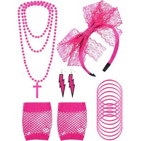 Blulu 80s Fancy Dress Costume Accessories Women Fishnet Gloves Headband Earrings Cross Necklace Bracelet for 80s Retro Party
