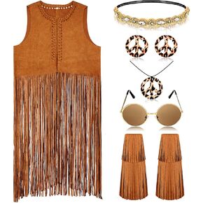 Shihanee 6 Pcs 60s 70s Outfits for Women Hippie Costume Fringe Vest Boot Covers Headband Necklaces Earrings Sunglasses