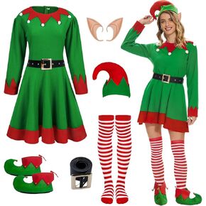 6Pcs Womens Christmas Elf Costume Adult Santa Helper Costume Christmas Dress Accessory for Xmas Fancy Outfit Party