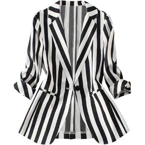 GORGLITTER Women's Striped Single Breasted Blazer Long Sleeve Lapel Neck Suit Jacket