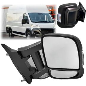 مرآة جانبية للركاب (ذراع طويل) متوافقة مع 2014-2023 Ram Promaster 1500 2500 3500/مع ضوء إشارات الانعطاف الساخن، زجاج قابل للتعديل بالطاقة/أسود مزخرف، 8 دبابيس