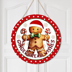 Chunful Christmas Gingerbread Man Front Door Sign Xmas Hanging Door Wooden Wreath Christmas Peppermint Candy rustic Door Hanger Holiday Outdoor Porch Decor Indoor Wall Hanging Decoration