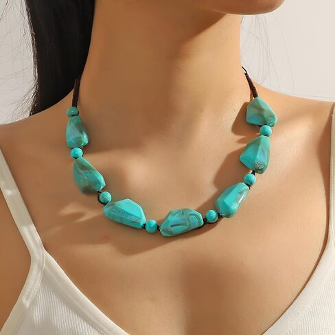 Turquoise Choker Necklace Large Chunky Turquoise Necklace Boho Chain Necklace Beach Summer For Women Jewelry in Saudi Arabia