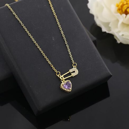 Safety Pin Necklaces for Women Trendy Gold Safety Pin Pendant Necklace Colorful Cubic Zirconia Heart Choker Necklace with Box Refugee Charms Teens Simple Meaningful Minimalist Jewelry in Saudi Arabia
