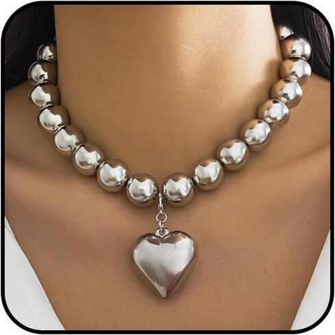 YANCHUN Puffy Heart Necklaces for Women Gold Chunky Beaded Necklaces Heart Charm Necklace Statement Choker Necklace for Women Valentines Day Gifts for Her in Kuwait