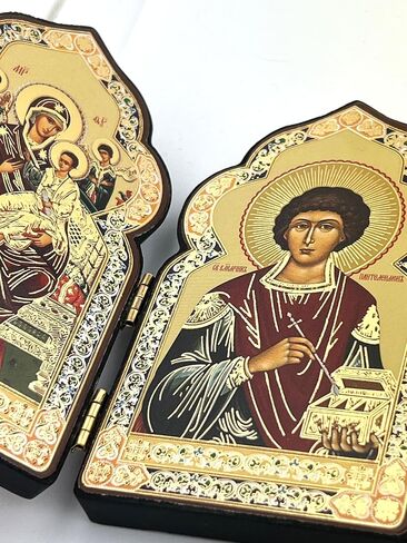 Needzo المعالج الروسي القديس سانت بانتيليمون أيقونة أرثوذكسية خشبية ومريم العذراء ملكة جميع ملجأ المرضى والسرطان الذين يعانون من ثنائي، 10.16 سم، شكل قبة، رقائق ذهبية in Saudi Arabia