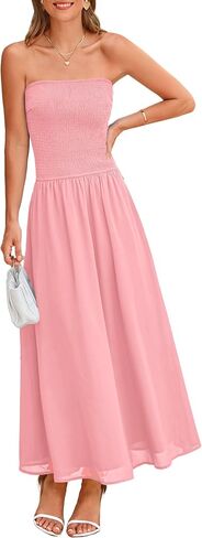 PRETTYGARDEN Women's Strapless Wedding Guest Dresses 2025 Summer Trendy Elegant Smocked Tube Top Maxi Long Flowy Sundress in Saudi Arabia