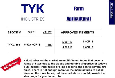 TYK 6.00-16, 600-16 F2 Farm Tractor Tire Inner Tube with a TR15 Valve Stem in Kuwait