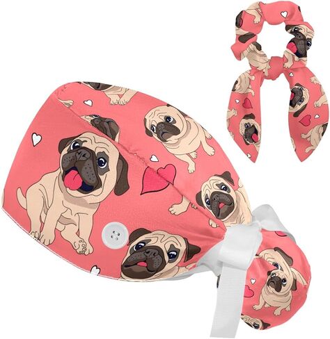 Heart Paw Grey Working Cap，Adjustable Surgical Scrub Cap with Bow Hair Matching Scrunchy for Woman Men in Saudi Arabia