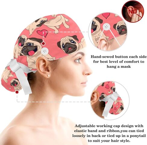 Heart Paw Grey Working Cap，Adjustable Surgical Scrub Cap with Bow Hair Matching Scrunchy for Woman Men in Saudi Arabia