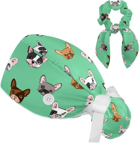 Heart Paw Grey Working Cap，Adjustable Surgical Scrub Cap with Bow Hair Matching Scrunchy for Woman Men in Saudi Arabia