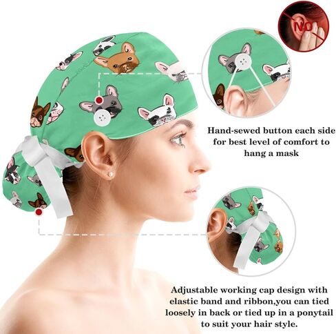 Heart Paw Grey Working Cap，Adjustable Surgical Scrub Cap with Bow Hair Matching Scrunchy for Woman Men in Saudi Arabia