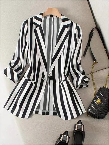 GORGLITTER Women's Striped Single Breasted Blazer Long Sleeve Lapel Neck Suit Jacket in Saudi Arabia