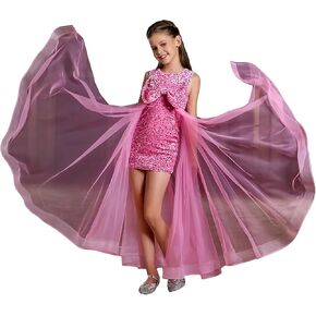 7-16 Year Old Girl's Fashionable Dress with Shiny Pink Bead Patchwork and Soft mesh Dress for Evening Parties