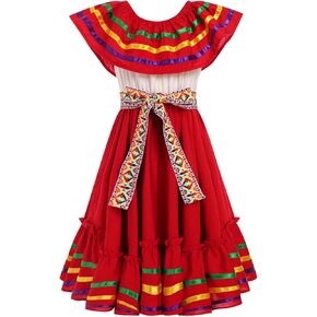 Mexican Dress for Girl Traditional Mexico Vestidos Rainbow Cinco de Mayo Dress Toddler Off Shoulder Folklorico Dress