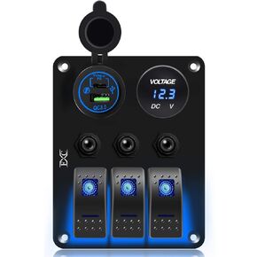 FXC Waterproof Marine Boat Rocker Switch Panel 3 Gang with Dual USB (QC 3.0 & Type C)+ LED Voltmeter with Overload Protection for Car Rv Vehicles Truck Boat(3 Gang Blue LED)