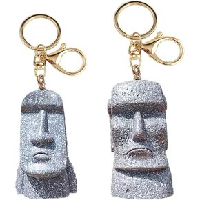 2PCS Easter Island Figurine Keychains, Moai Statue Sculpture Keyring Pendant for Bag Backpack Car Key