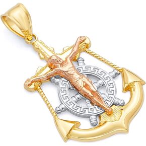 The World Jewelry Center 14k Real Tri Color Gold Religious Jesus Crucifix Cross Anchor Charm Pendant