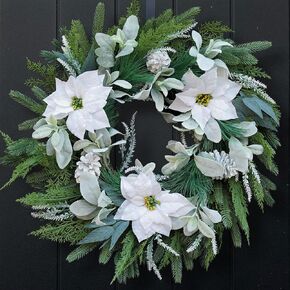 Winter Wreaths for Front Door Outside, Soomeir Winter Door Wreath with Pine Cones and White Flowers, for Indoors Outdoor Window Wall Farmhouse Home Decorations
