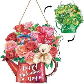 Reversible Valentines Day St Patricks Day Door Decoration Vase Valentines Day Heart Wreath Decor St Patricks Day Shamrock Decor Wooden Wall Hanging Front Door Wreath for Indoor Outdoor Decor