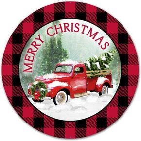 Craig Bachman 12" Merry Christmas Truck Round Plaid Tin Metal Christmas Red Farm Truck Wreath Accent Sign MD0443