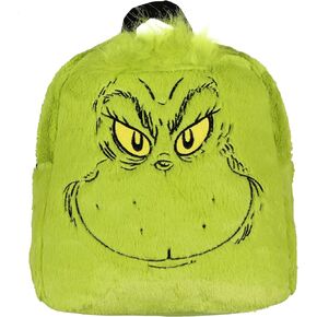 Dr. Suess The Grinch Embroidered Smiling Face w/ 3D Hair Tuft Fuzzy Soft Mini Backpack Purse with Adjustable Straps