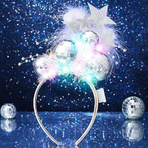 CAKURE Light Up Disco Ball Headband Silver LED Christmas Headbands Glitter Star Headpiece Glow Hairhoop Disco Hair Accessories for Women and Girls