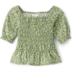 The Children's Place Girls' Long Sleeve Smocked Peplum Top, Lt Cactus Floral