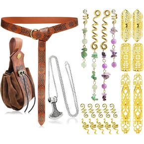 3 قطع من حزام جلد الفايكنج من العصور الوسطى مع 20 قطعة من مجوهرات الشعر للضفائر، حقيبة حزام برباط ريترو من الفولاذ المقاوم للصدأ سلسلة فأس قلادة من الحجر الطبيعي مجوهرات لوكس LARP Ren Faire زي G in Kuwait