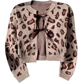 Women's Long Sleeves Open Front Leopard Print Bow Tie Front Cardigan Long Sleeve Y2K Knitted Cardigan Sweater