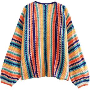 YKR Womens Colorful Cardigan Crop Long Sleeve Color Block V Neck Cardigan Sweater Open Front Crochet Knit Top