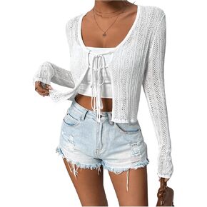 SweatyRocks Women's Crochet Crop Cardigan Sweater V Neck Long Sleeve Tie Front Knitted Tops