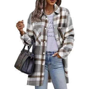 HOTOUCH Womens Jacket Spring Flannel Plaid Shacket Casual Snap Button Tartan Trench Coat Long Sleeve Shirt with Pockets