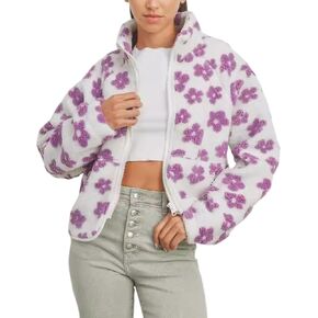 Yeokou Floral Jacket Women Winter Sherpa Fleece Coat Daisy Jacquard Stand Collar Full Zipper Casual Outwear with Pockets